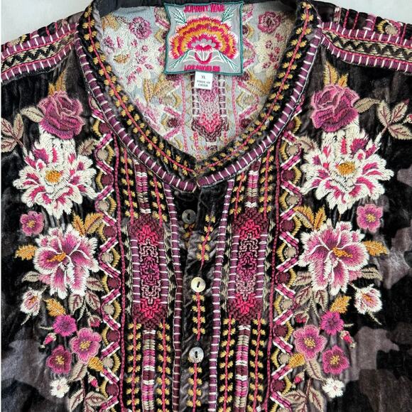 Johnny Was Multicolored Embroidered Camo, Silk/Velvet, Long Sleeve Dress- XL - Picture 5 of 9